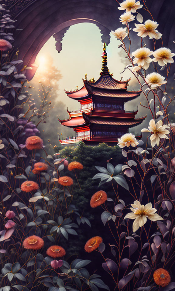 Asian Pagoda Surrounded by Serene Garden and Blooming Flowers