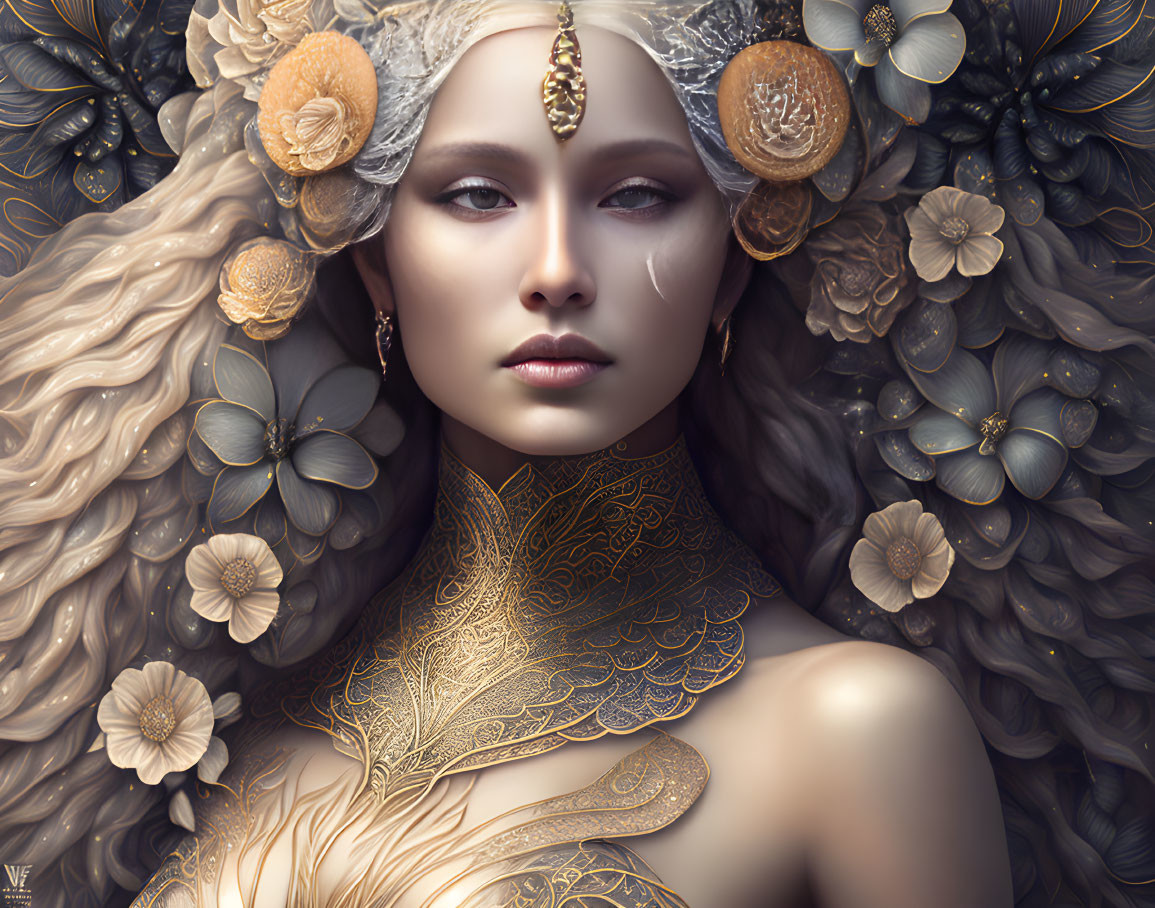 Ethereal woman with flowing hair and floral jewelry against floral backdrop