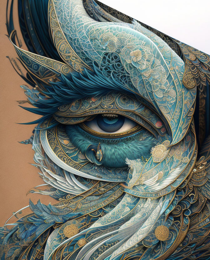 Detailed Digital Artwork: Owl-like Creature with Blue and Gold Feathers