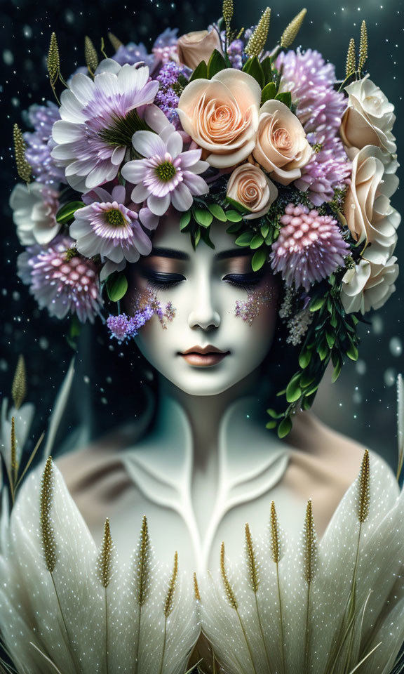 Serene female figure with floral crown in starry setting