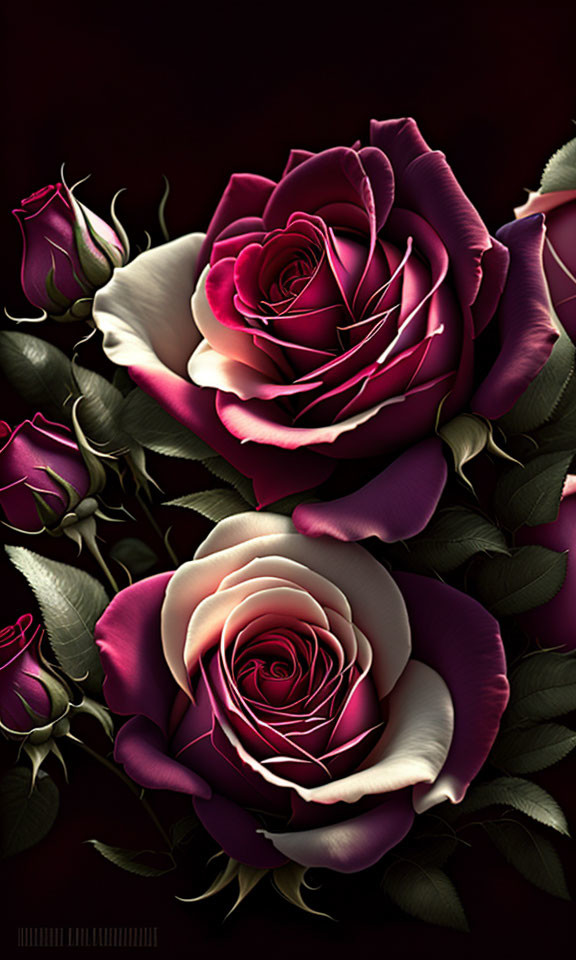 Vibrant pink and purple roses on dark background