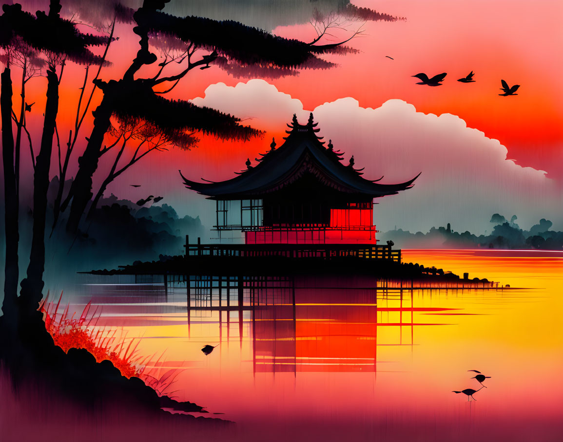 Traditional Asian pagoda silhouette at sunset by reflective lake with birds