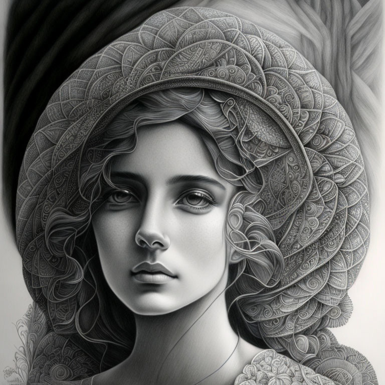 Detailed monochrome artwork of a woman with intricate headdress patterns and captivating gaze.