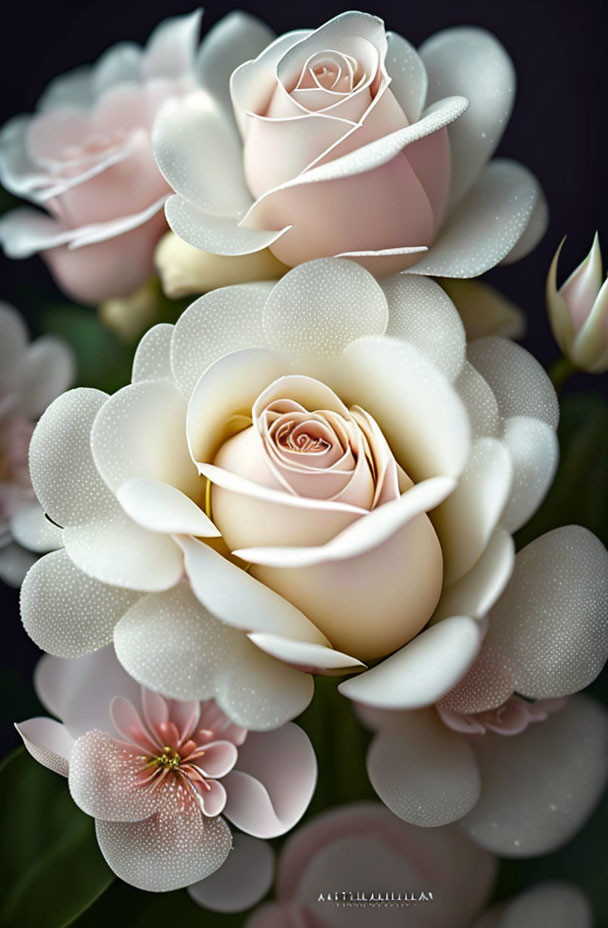 Cream-colored roses with dewdrops on dark background