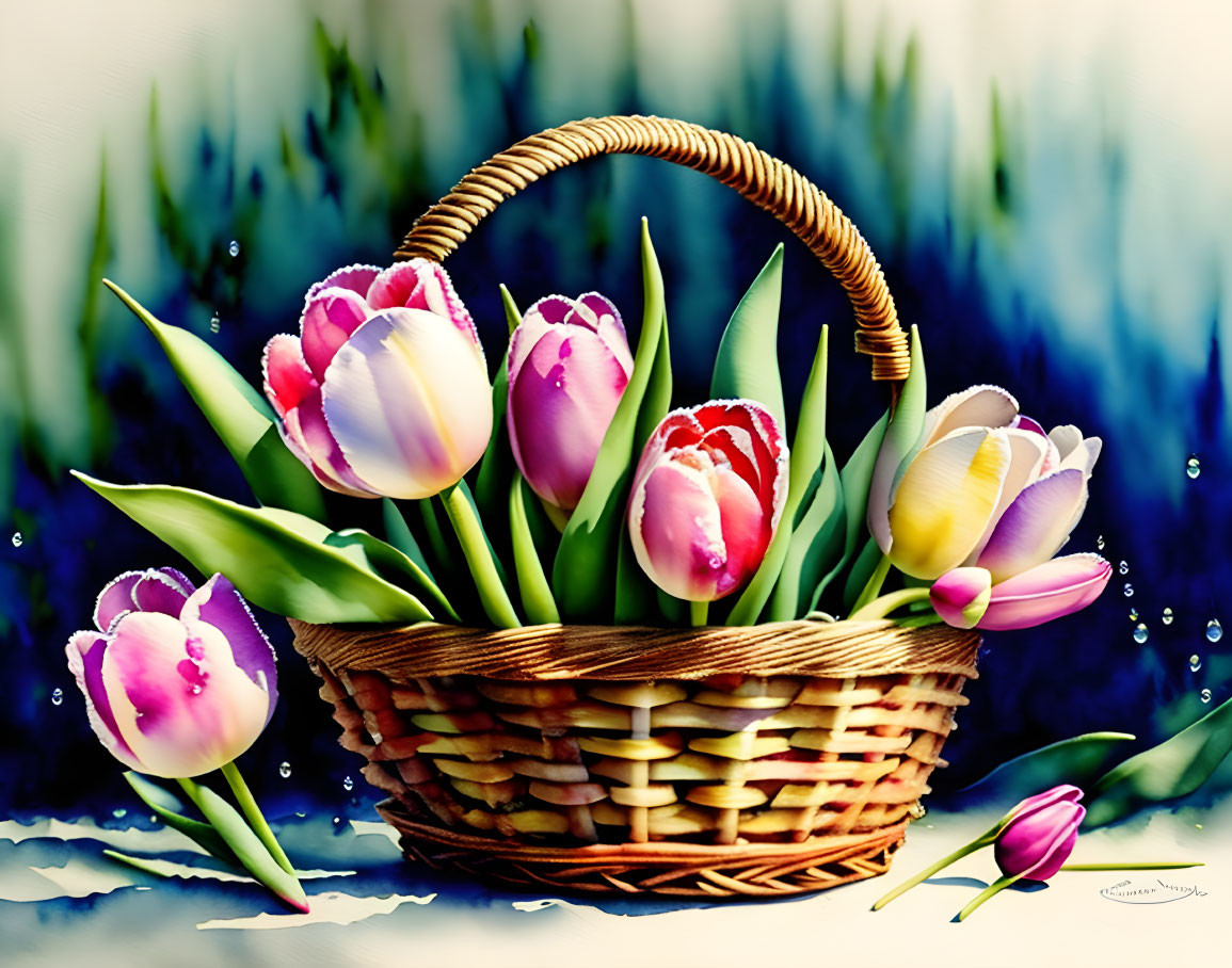 Colorful Tulips in Wicker Basket on Blue Background