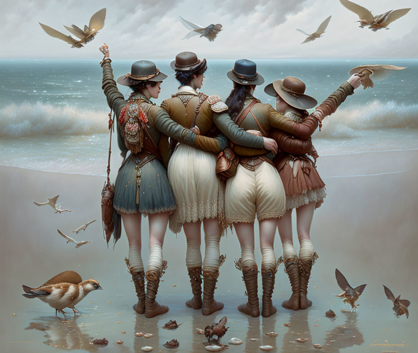 Four women in vintage steampunk attire by the shoreline with flying birds.