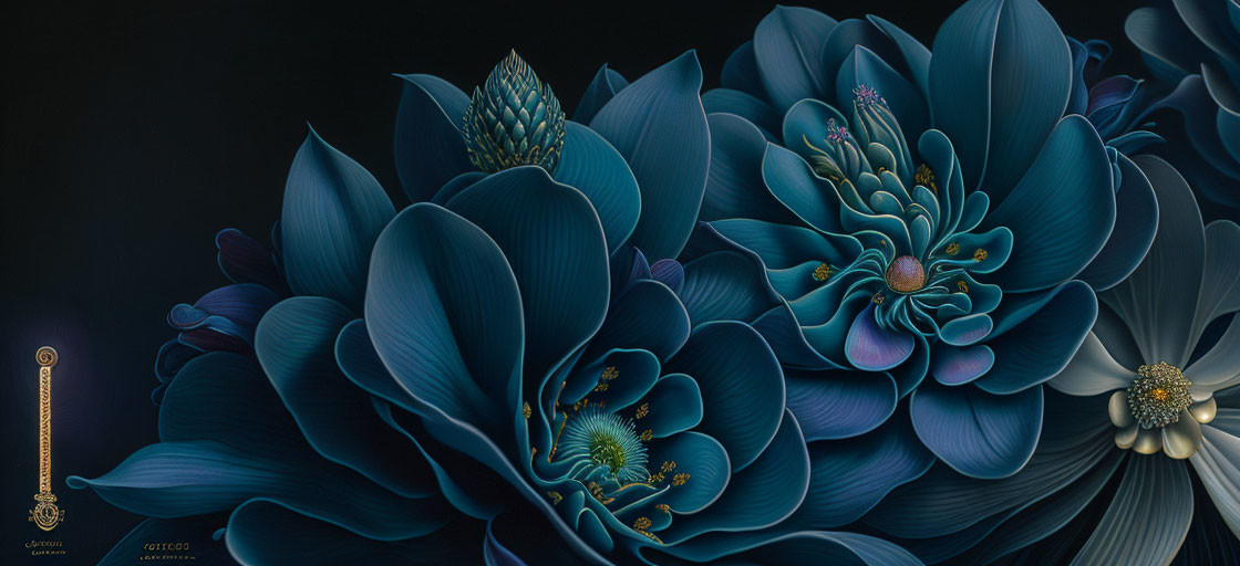 Stylized Luminescent Blue Flowers on Dark Background