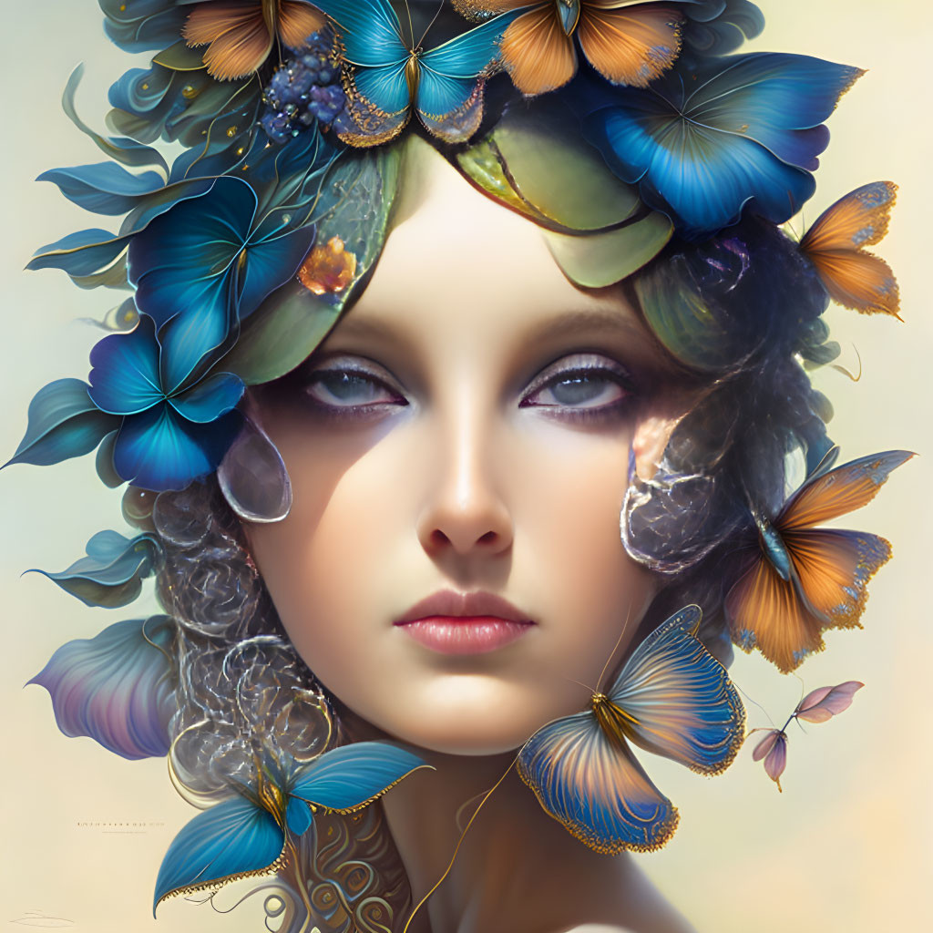 Surreal portrait of woman with serene expression and butterfly crown