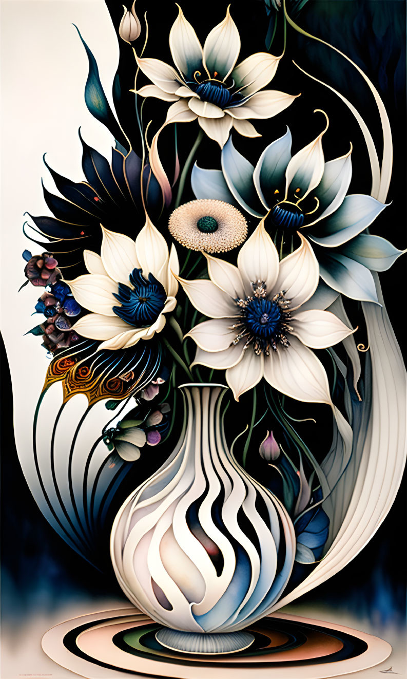 Intricate digital artwork: Vase with fantastical flowers