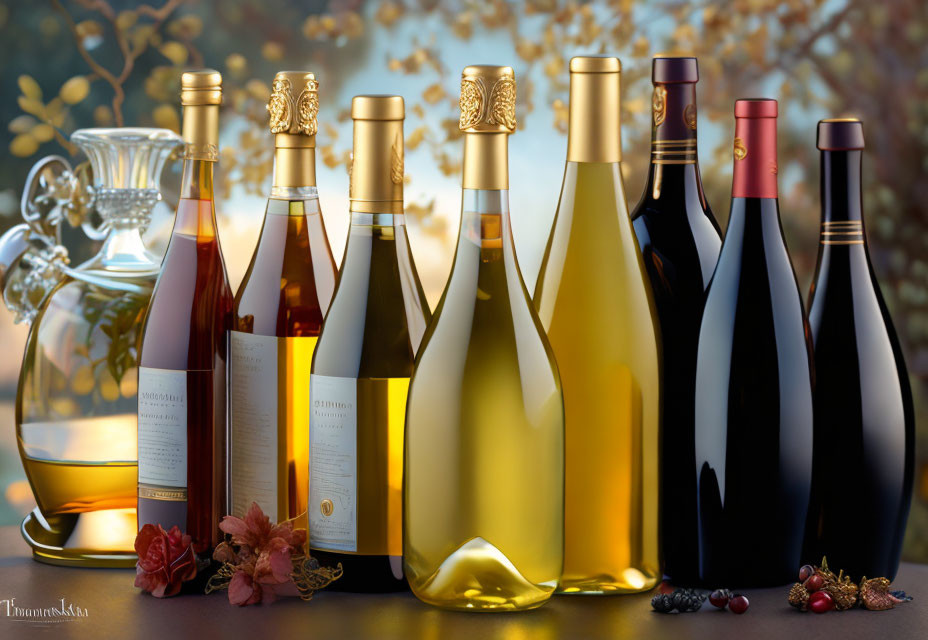 Seven Elegant Wine Bottles with Varying Shades on Blurred Natural Background