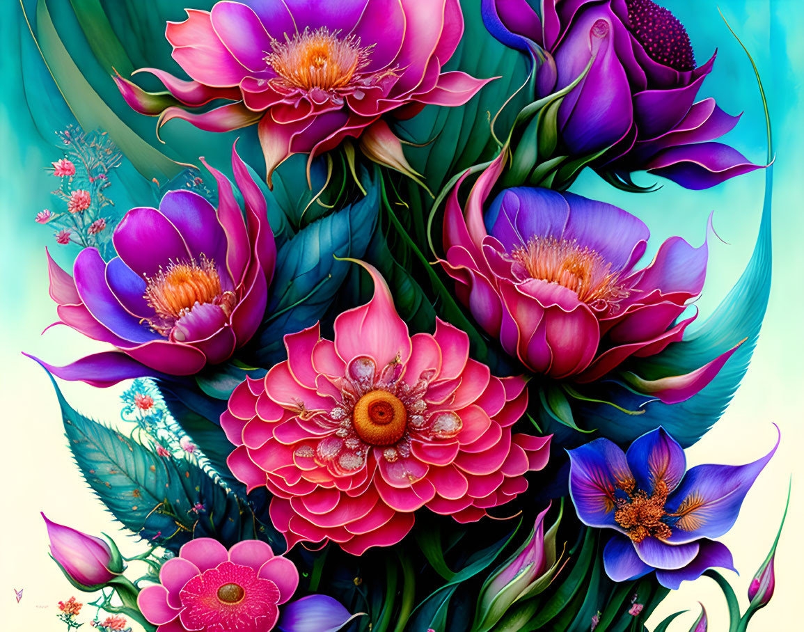 Assorted Colorful Flowers Artwork on Bright Teal Background