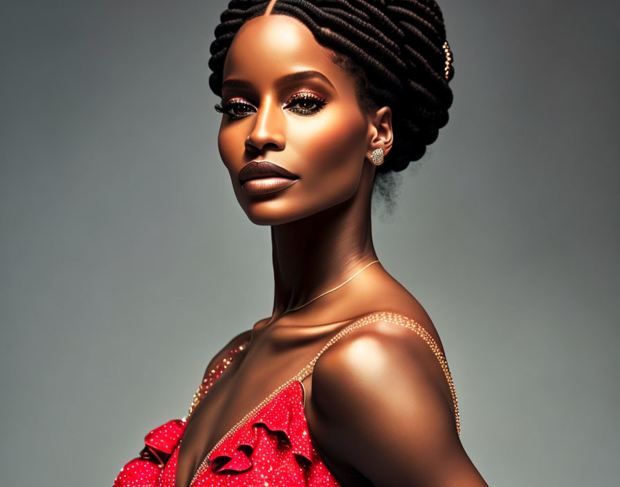 Elegant person with braided updo hair in red ruffled outfit on gray backdrop