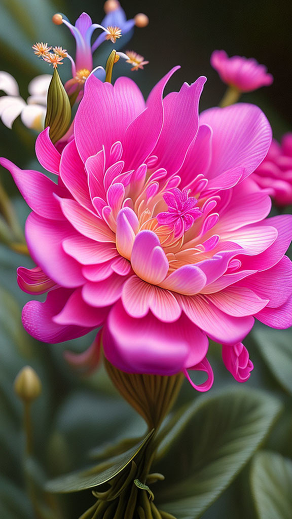 Vibrant Pink Dahlia Surrounded by Buds and Blooms