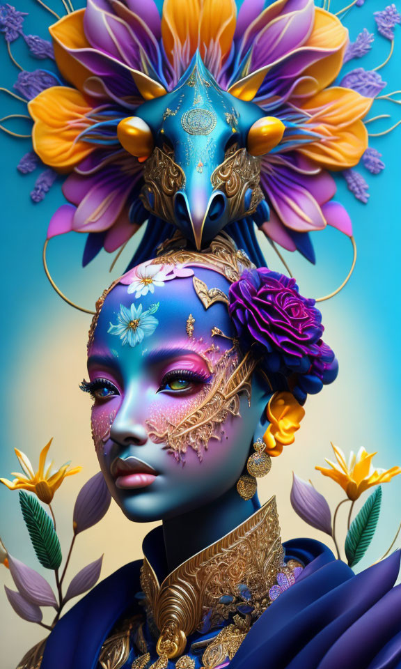 Colorful digital artwork: Woman with blue skin, floral patterns, golden headdress, surrounded by flowers