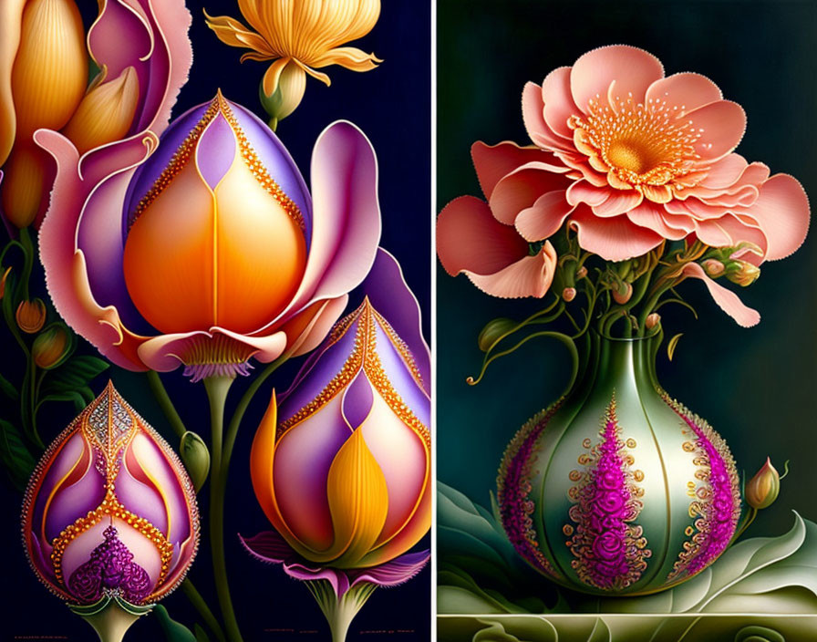 Vibrant paintings of stylized ornate flowers on dark background