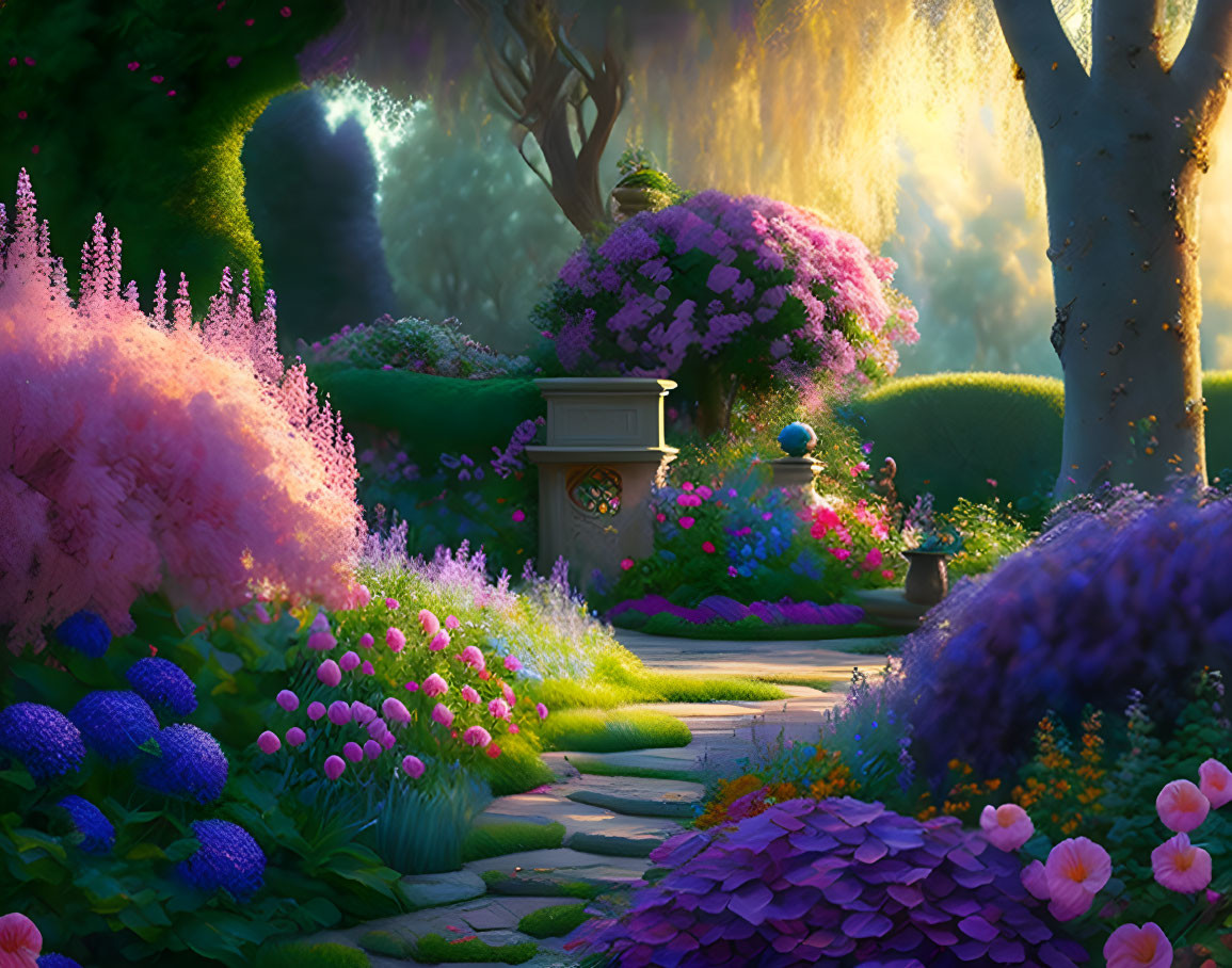 Enchanting garden with vibrant flowers, stone pathway, and ornate pedestal