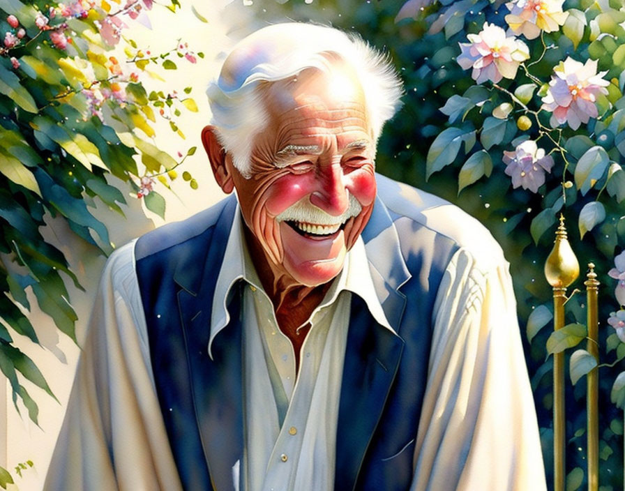 Elderly man in white shirt and navy blazer smiling amid pink flowers