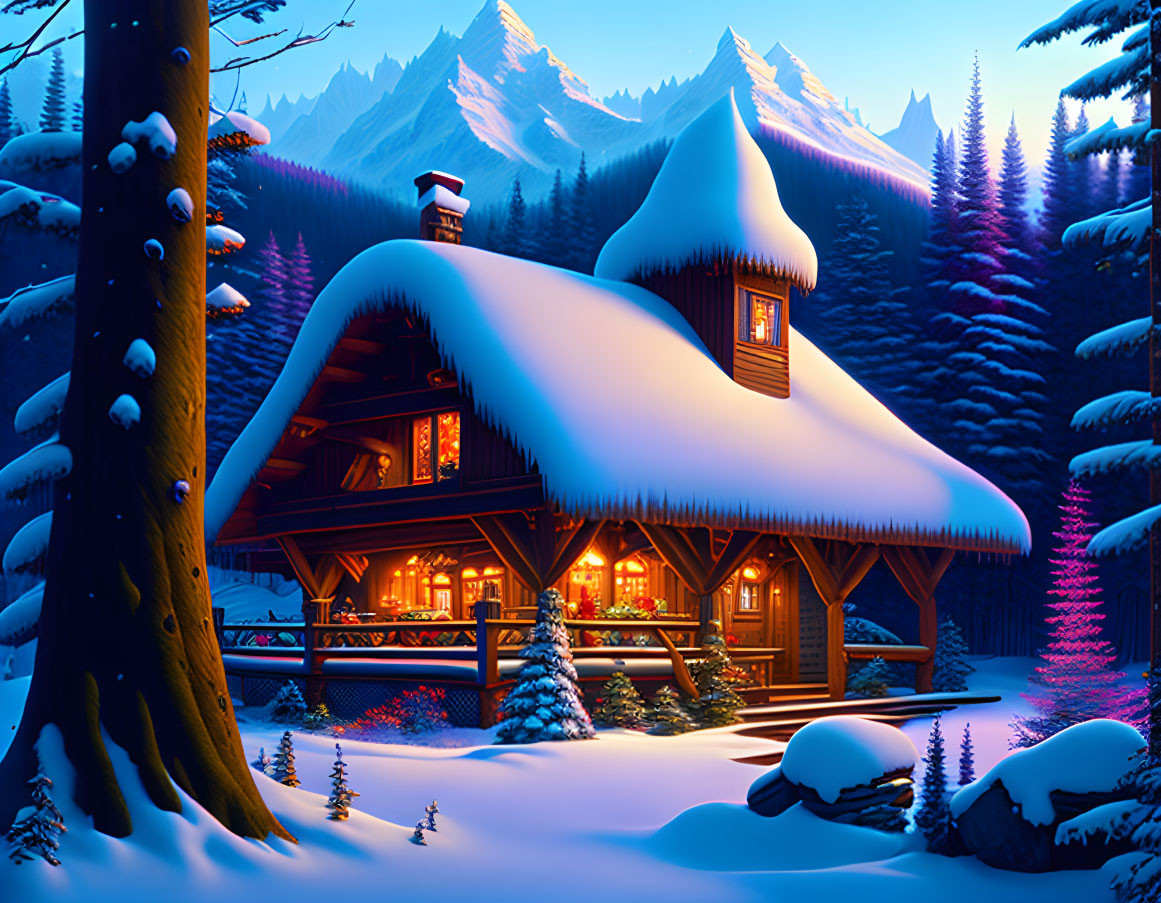 Snow-covered log cabin in wintery forest with mountains at twilight