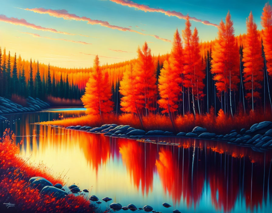 Vibrant autumn landscape with orange trees mirrored in serene lake at sunset