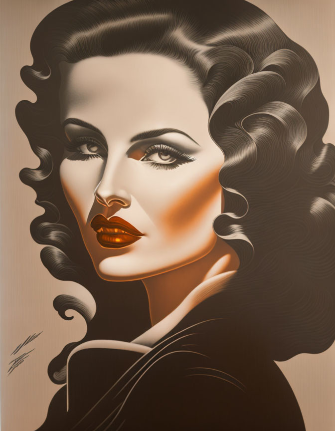 Stylized portrait of woman with wavy hair and striking makeup