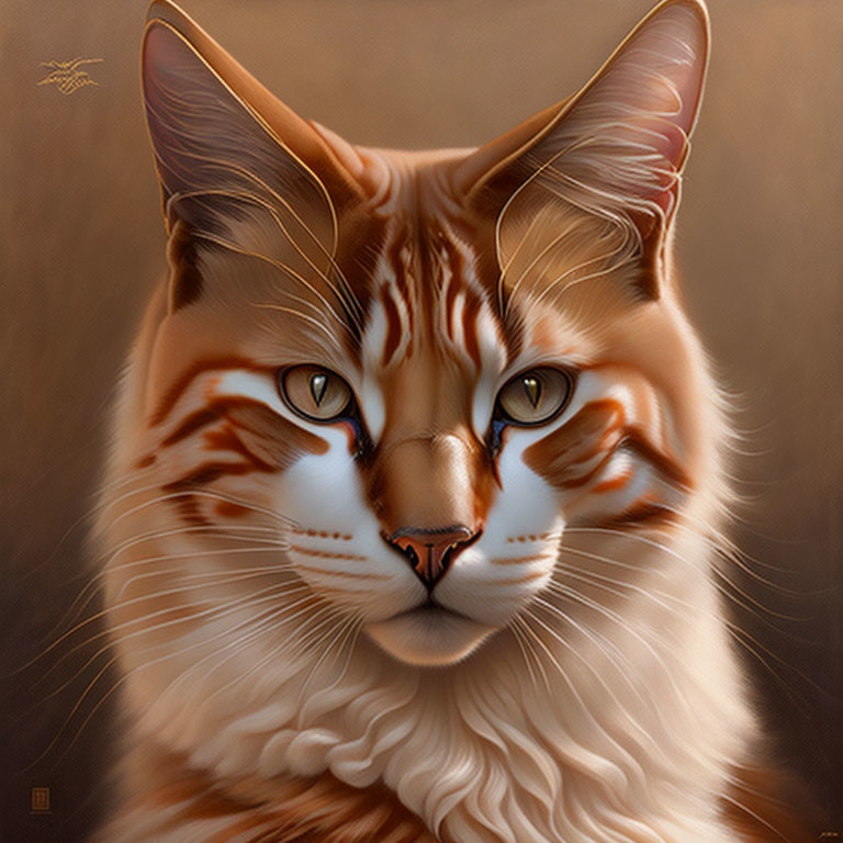 Orange and white cat with intricate markings on textured brown background