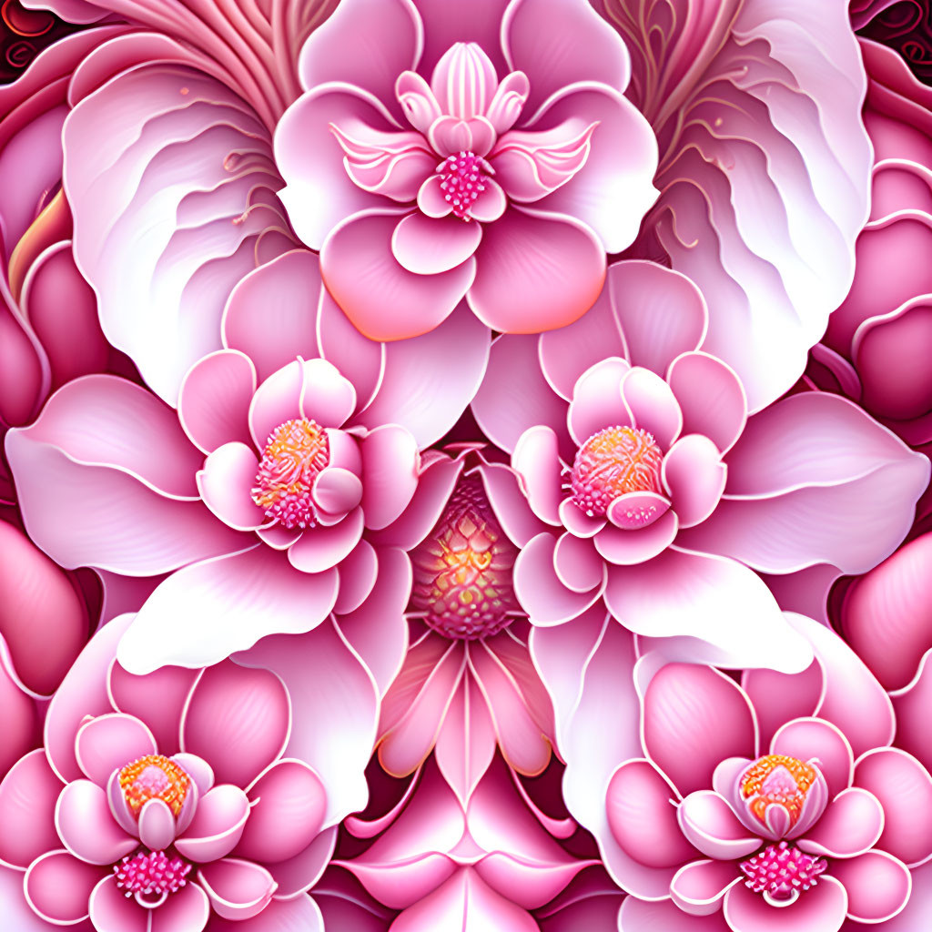 Stylized pink flowers with intricate patterns on deep pink background