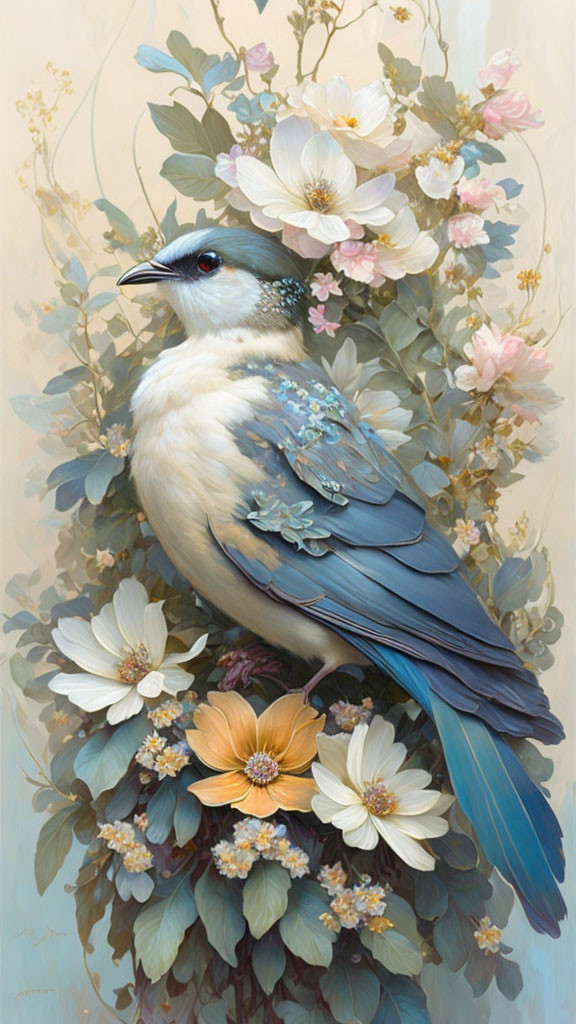 Blue-gray bird surrounded by white and peach flowers and greenery