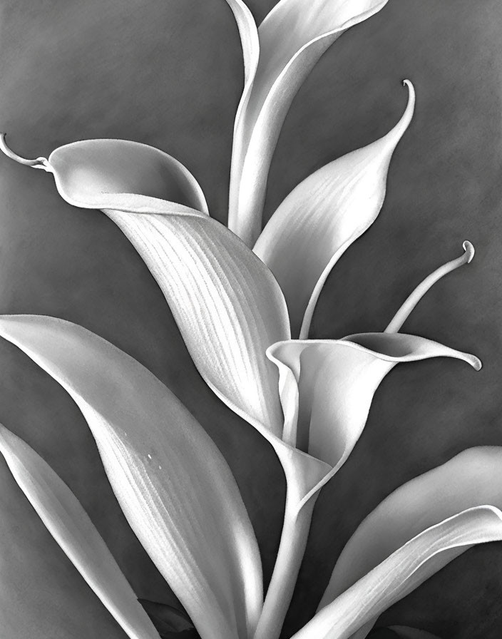 Monochrome close-up of elegant lilies with curving petals and pronounced stamens