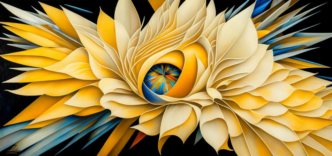 Abstract Eye Artwork with Yellow, White, and Blue Petal Shapes