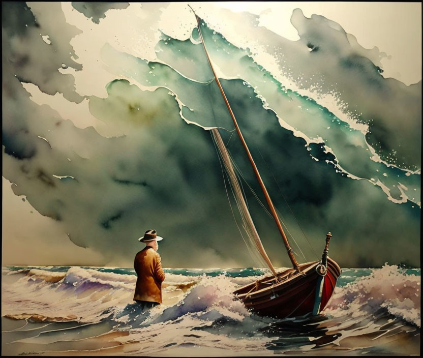 Person in coat and hat by sea with sailboat in stormy watercolor scene