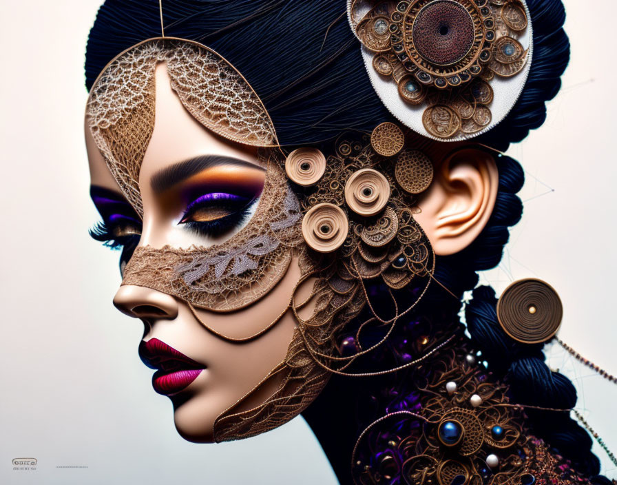 Detailed digital portrait of a woman with lace, jewelry, purple eyeshadow, and stylized hair