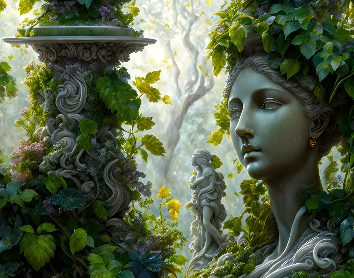 Stone statue of woman's face with leaves and vines beside ornate column in soft light