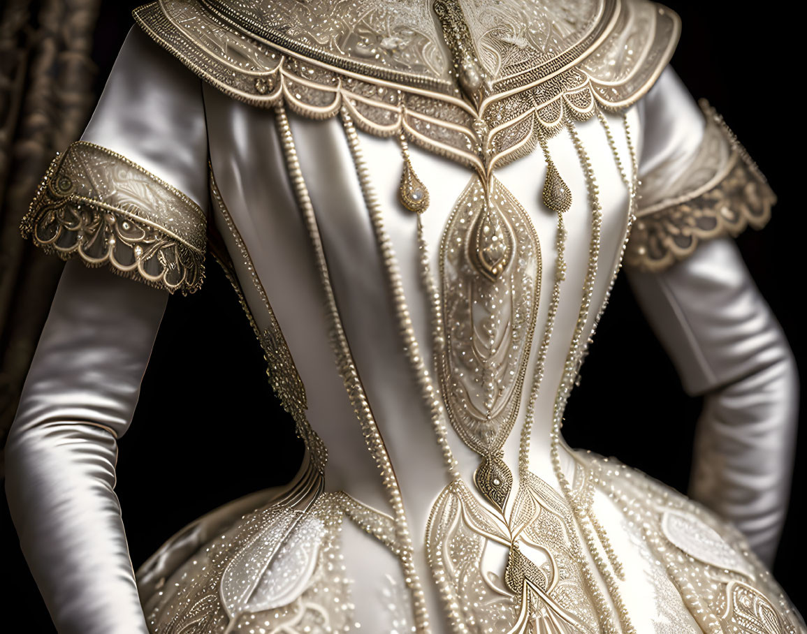 White and Gold Embellished Costume with Intricate Designs and Beadwork