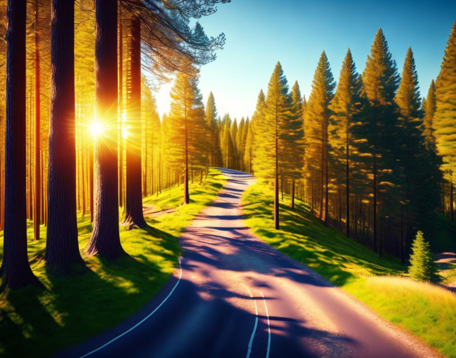 Sunset or sunrise over winding road through tall forest trees