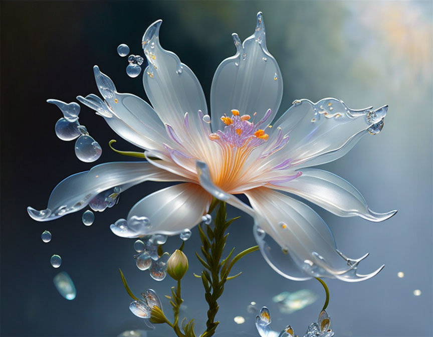 Delicate white flower with translucent petals and water droplets on soft bokeh background