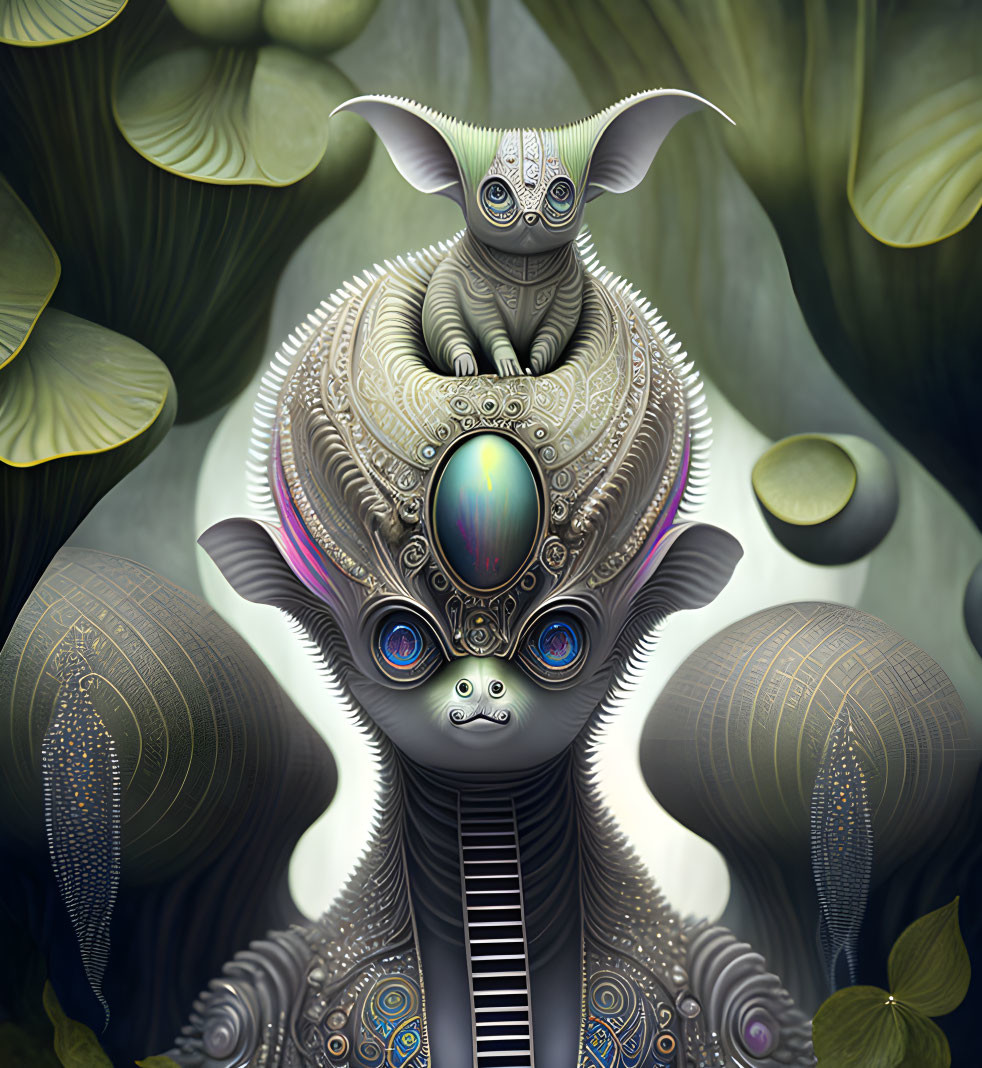 Detailed digital artwork: mechanical creature with cat-like being on head surrounded by organic shapes and leaves