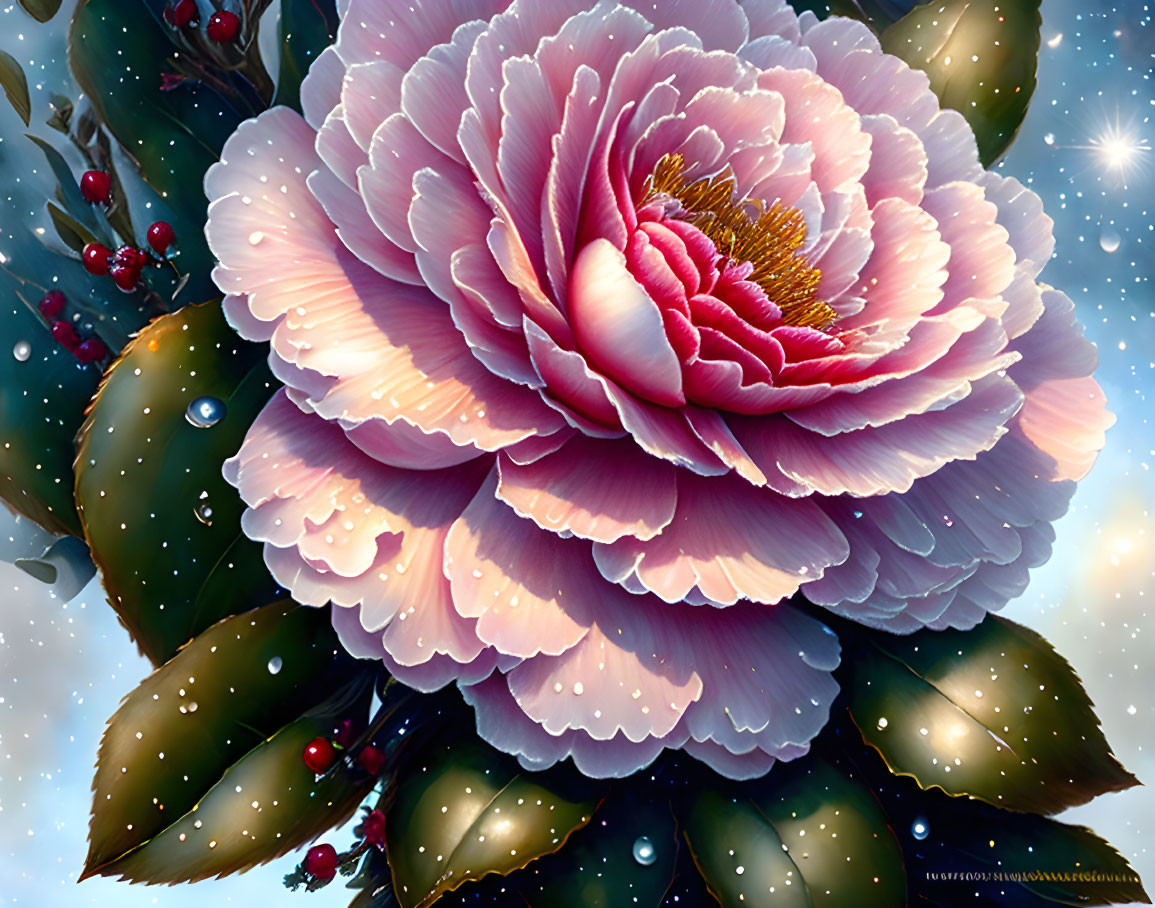 Pink peony illustration with dewdrops and berries on snowy background