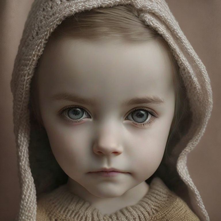 Young Child with Serene Expression in Beige Hooded Garment