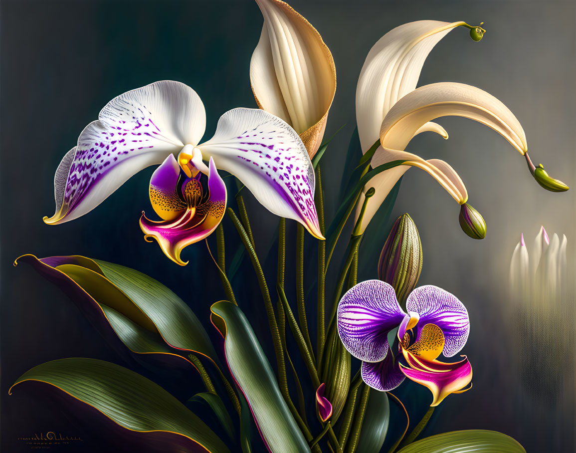 Detailed White and Purple Orchids Illustration on Dark Background