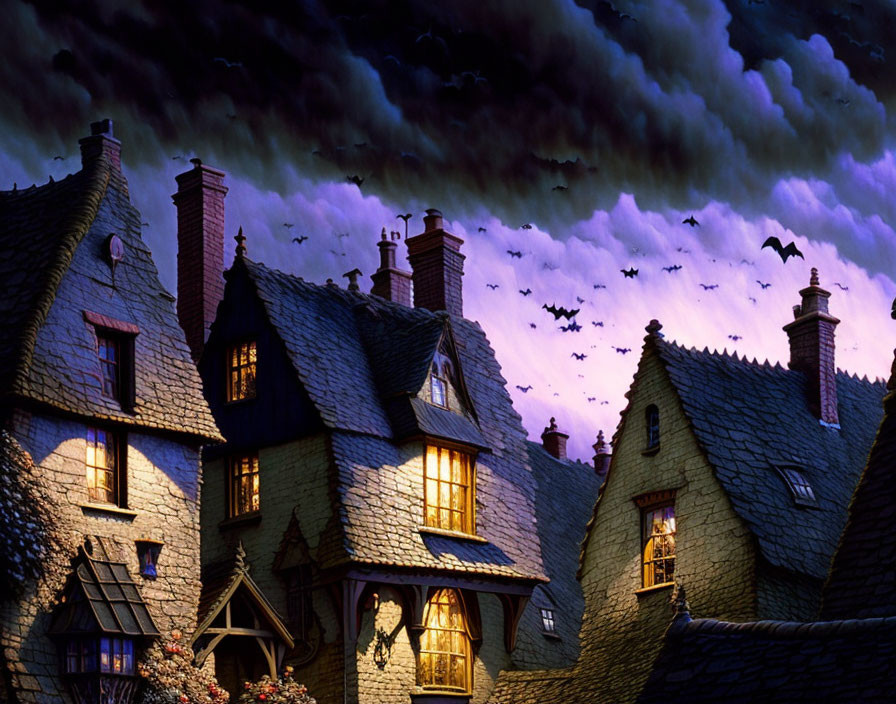 Illustration of cozy village at dusk with thatched-roof houses and bats.