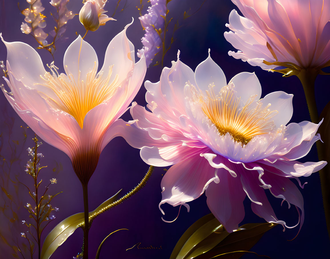 Ethereal pink and yellow flowers on dusky background