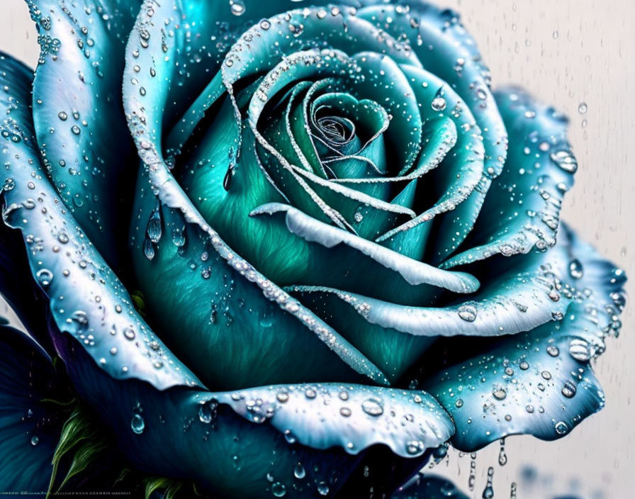 Blue Rose with Dew Drops on Petals in Rainy Background