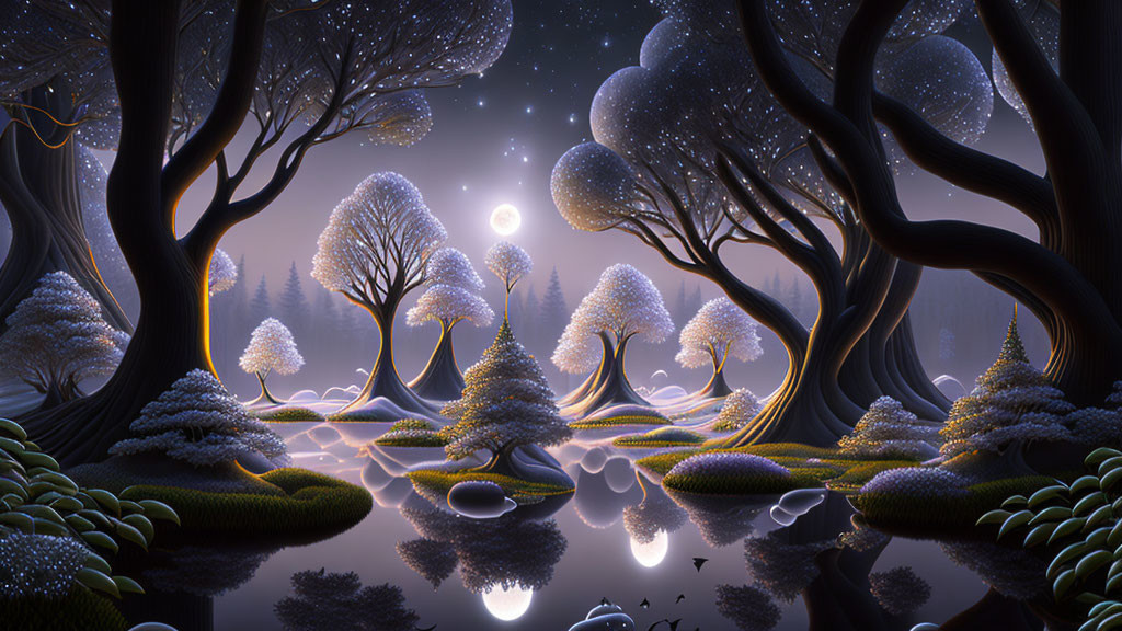 Mystical forest night scene with glowing flora and moonlit sky