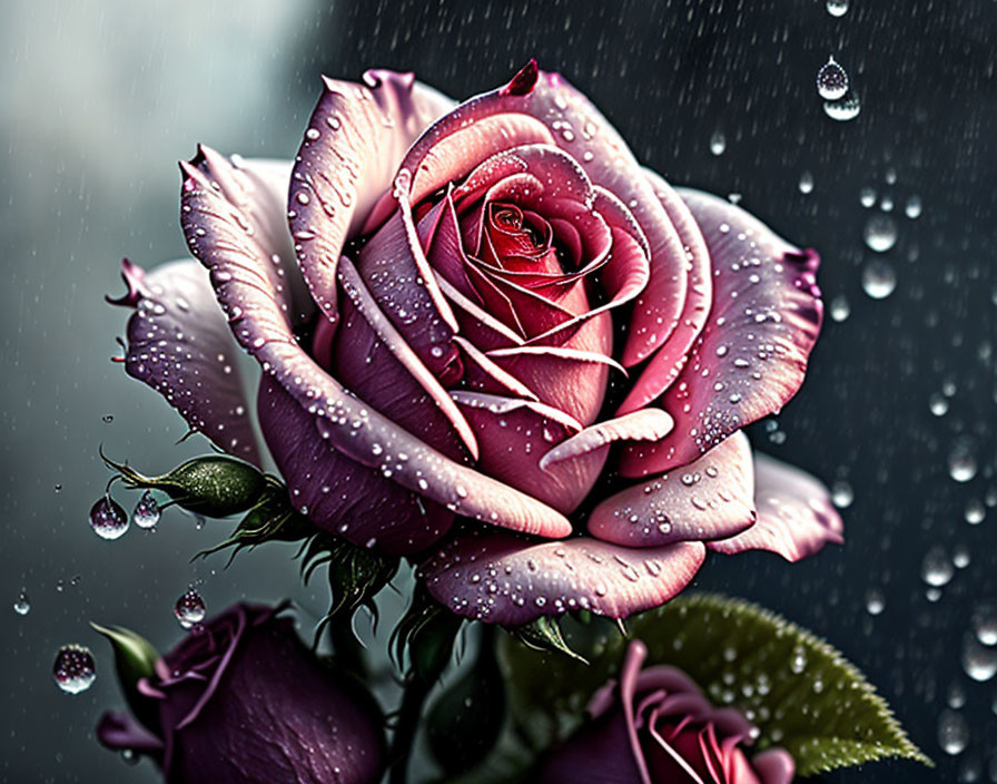 Vibrant pink and white rose with water droplets on dark background