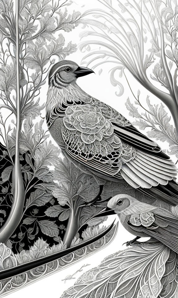 Detailed Monochrome Illustration of Patterned Birds in Foliage