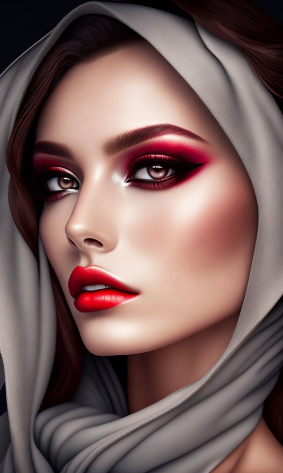 Digital artwork: Woman with bold red makeup and draped scarf