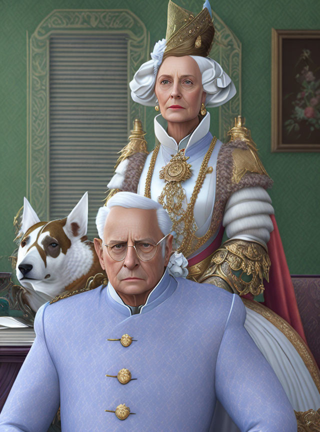 Elderly couple in royal attire with dog's head on man's body in ornate setting