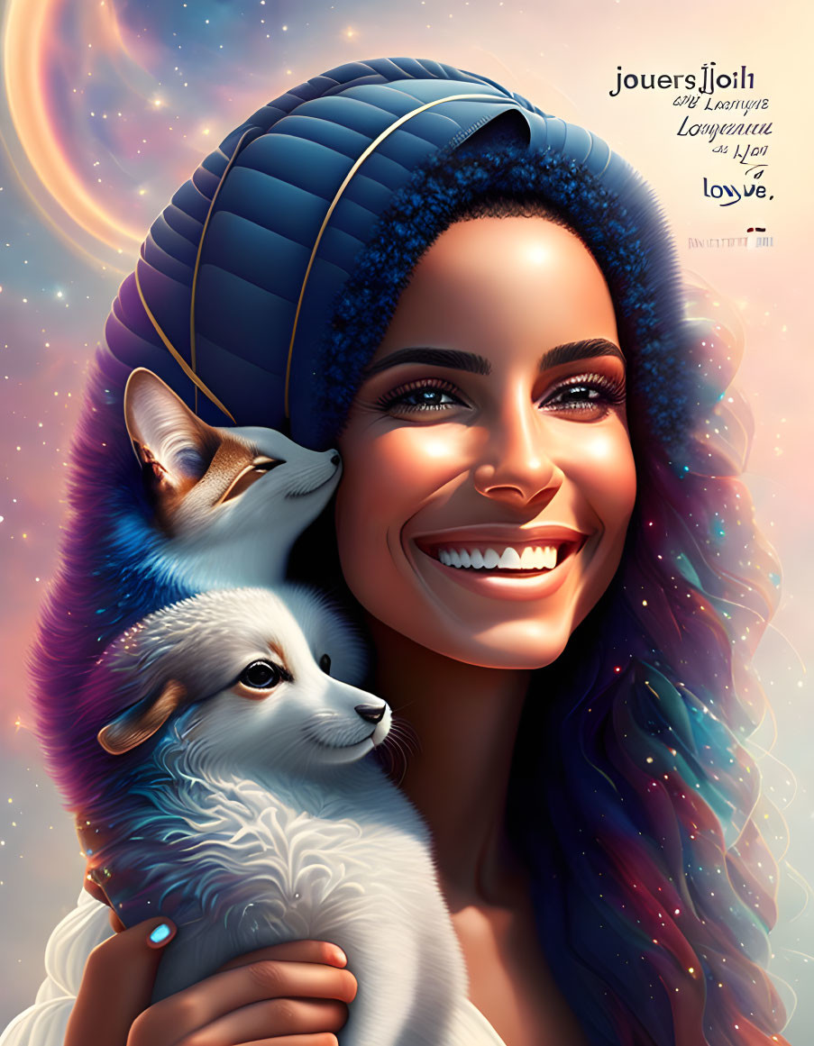 Smiling woman with blue headwrap holding white fox in dreamy setting