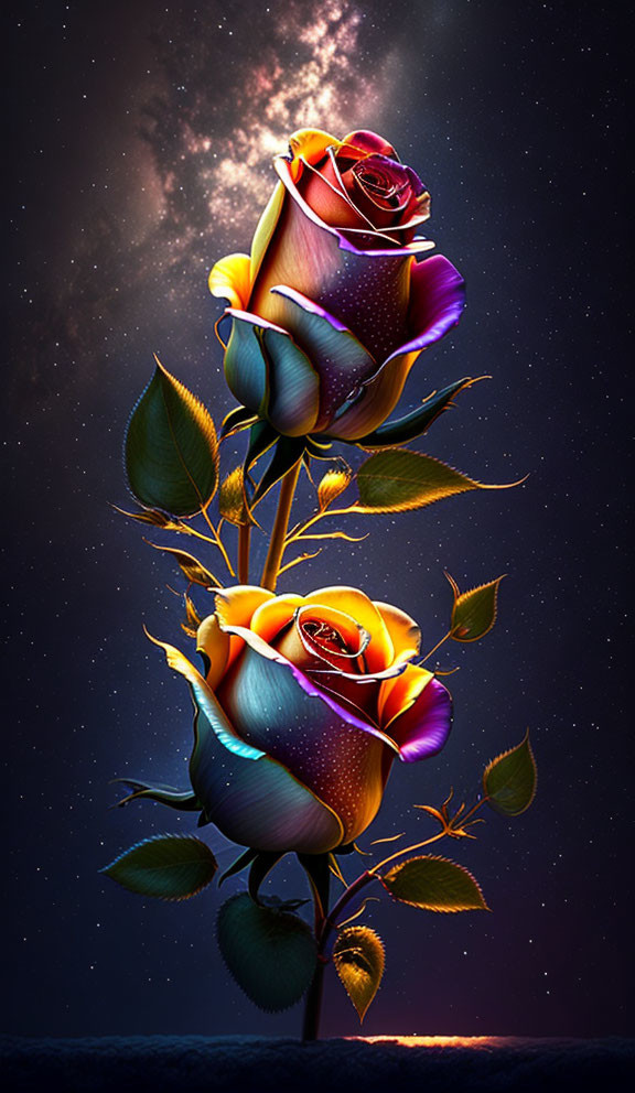 Multicolored roses against cosmic backdrop with vibrant petals and starry sky.