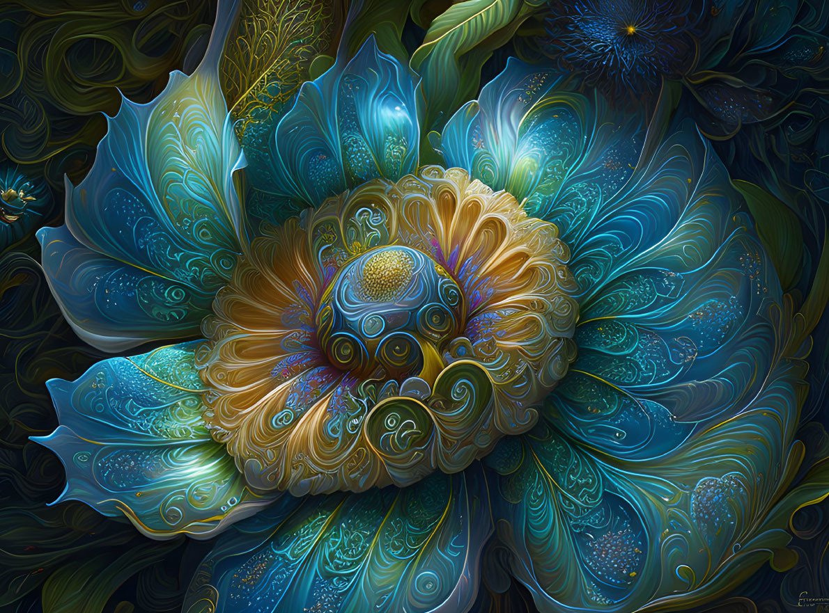 Intricate digital artwork of blooming flower with blues, greens, and gold